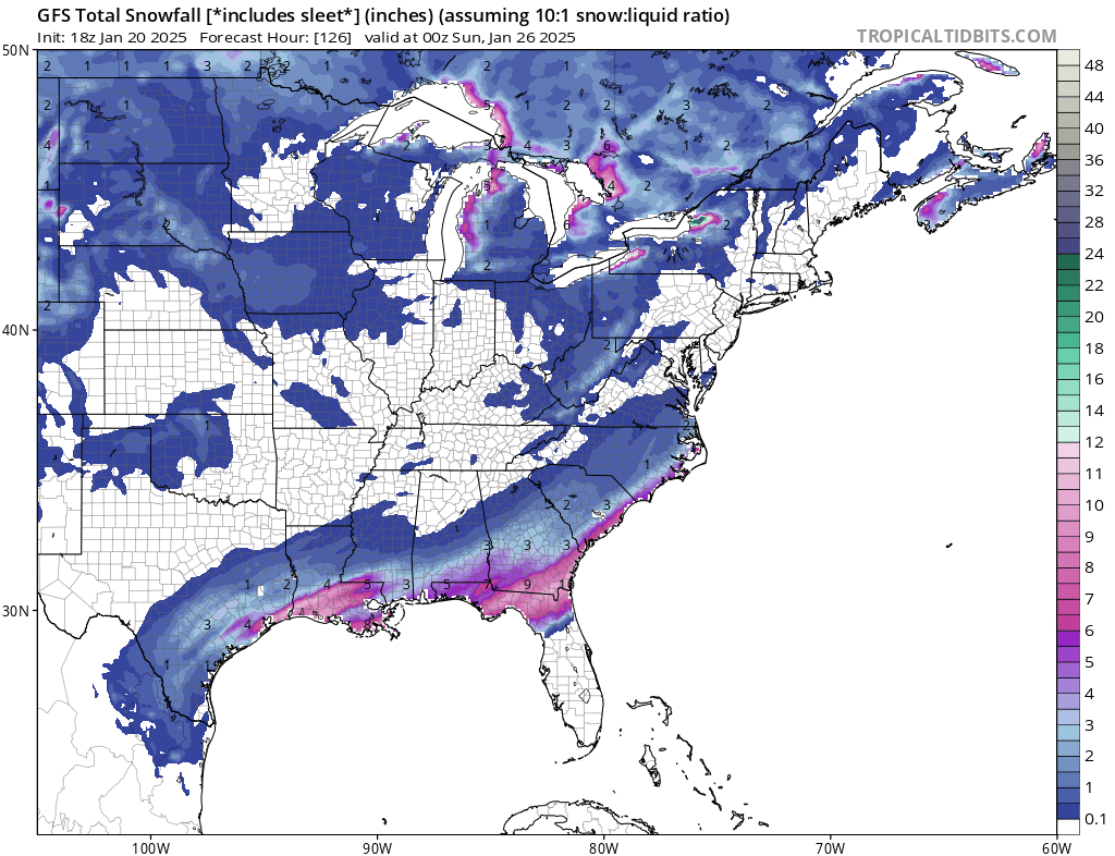 The American GFS model projects a substantial snowfall in areas that usually rarely, if ever, see snow along the Gulf of America coastline.  Image: tropicaltidbits.com