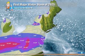 Heavy snow is expected to fall from a winter storm moving across the eastern U.S. this weekend. This map reflects storm totals through to Monday night. Image: Weatherboy