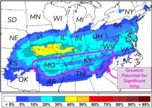 Heavy snow and ice is possible within the shaded areas starting this weekend and into the early part of the new week. Image: NWS