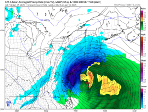 The latest American GFS computer model forecast map for next weekend depicts a blizzard in New Jersey with wind-whipped heavy snow. Image: tropicaltidbits.com