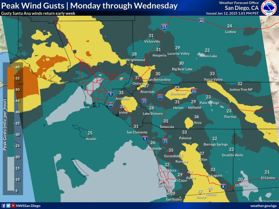 Very strong Santa Ana winds and low humidity levels will create conditions especially ripe for fire weather, especially Tuesday into Wednesday around the Los Angeles metro area. Strong Santa Ana winds could also create damage on their own, knocking down trees and wires which may trigger fresh fires. Image: NWS