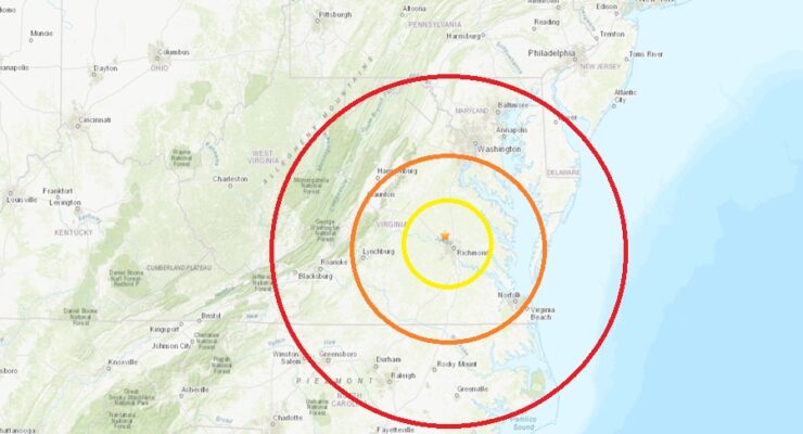 The epicenter of the earthquake is located at the orange star inside the colored concentric circles. Image: USGS