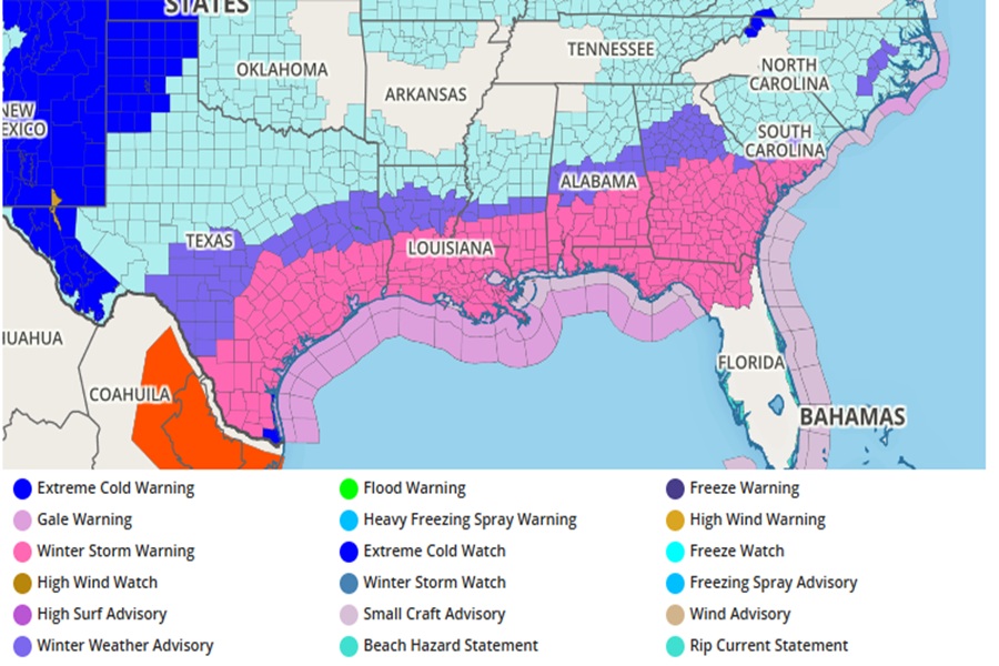 Winter Storm Warnings are up for a large part of the Gulf of America coast from Texas to Florida.  Image: weatherboy.com