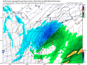 Latest ICON model shows a coastal storm dropping measurable snow over the northeast on Monday. Image: tropicaltidbits.com