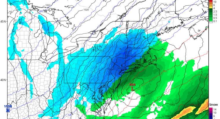 Latest ICON model shows a coastal storm dropping measurable snow over the northeast on Monday. Image: tropicaltidbits.com