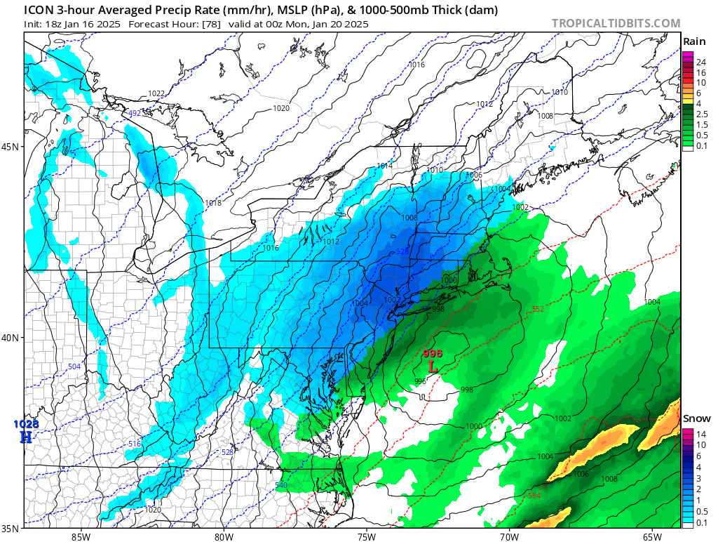 Latest ICON model shows a coastal storm dropping measurable snow over the northeast on Monday. Image: tropicaltidbits.com