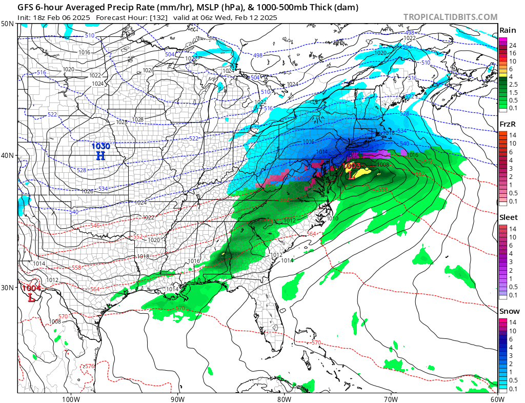 This simulated view from the American GFS computer forecast model shows a significant snowstorm impacting the Mid Atlantic later next Tuesday into Wednesday. Image: tropicaltidbits.com