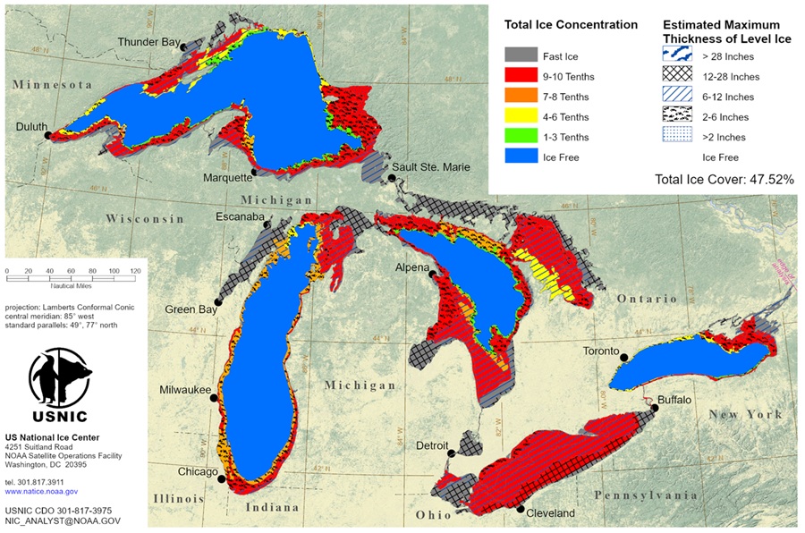 The latest ice coverage map shows that more than half of the Great Lakes are covered by ice, with Lake Erie almost entirely iced-over. Image: NOAA