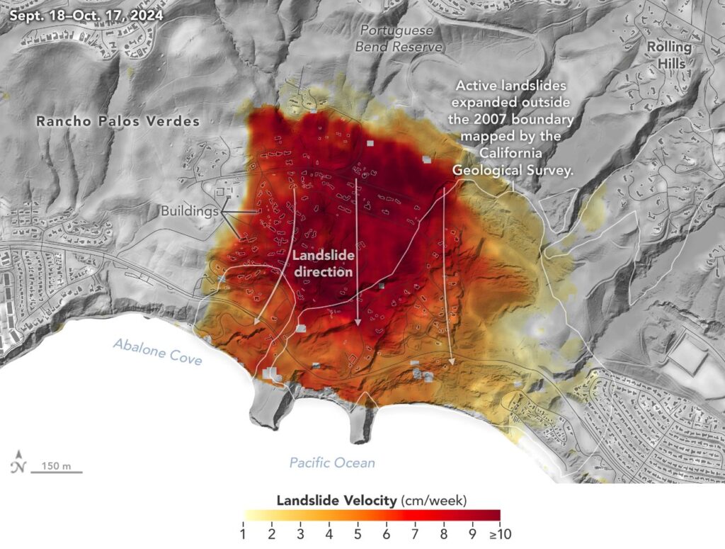 NASA’s UAVSAR airborne radar instrument captured data in recent months showing the motion of land in southern portions of Los Angeles County. Darker red indicates faster motion. Image: NASA Earth Observatory