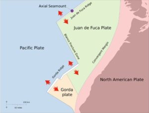 The location of the Axial Seamount volcano is located along the edge of the moving Juan de Fuca Plate.  Image: Lyn Topinka / USGS