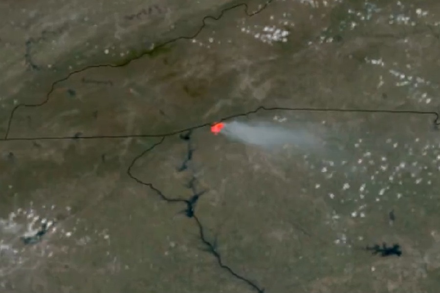 The GOES-East weather satellite is able to detect fires burning and smoke blowing across western portions of North and South Carolina. Image: NOAA