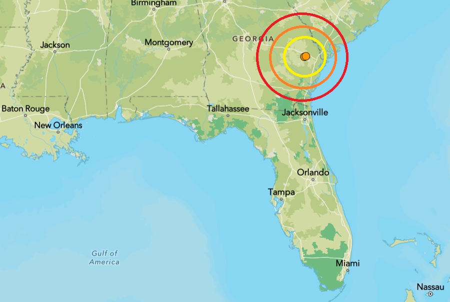 The epicenter of the nearby earthquakes was at the orange dots inside the colored concentric circles on this map. Image: USGS