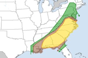 The color shaded regions have an elevated threat of tornadoes on Monday, with green having a higher risk and yellow having the highest risk of the area at-risk. Image: NWS SPC