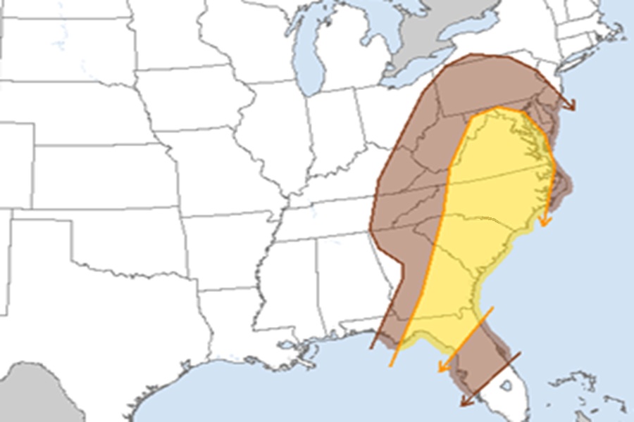 According to the Storm Prediction Center's latest Convective Outlook, areas in brown and yellow could see severe weather on Sunday, with the best odds in the yellow zone. Image: NWS SPC