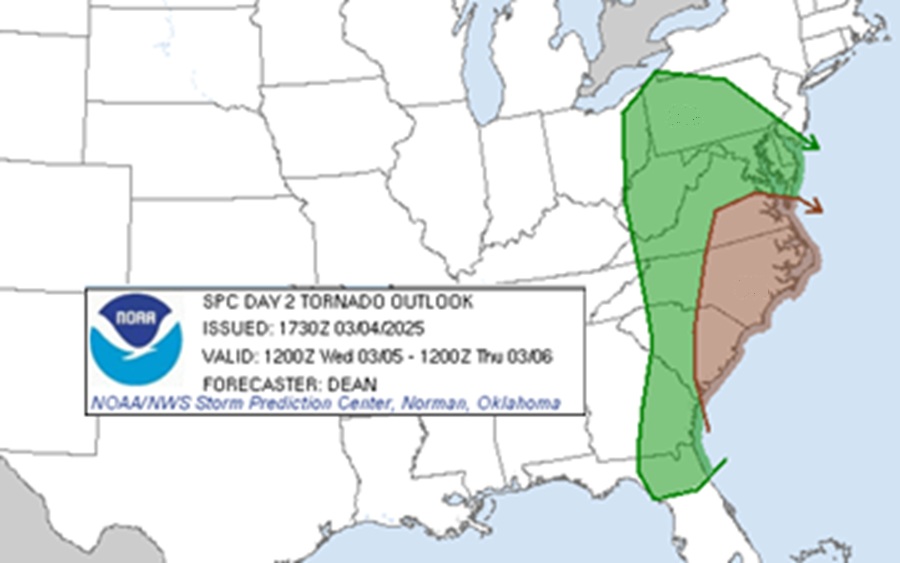 There's an elevated risk in the color shaded areas on this map for tornadoes on Wednesday, with the highest threat in the brown zone.  Image: NWS SPC