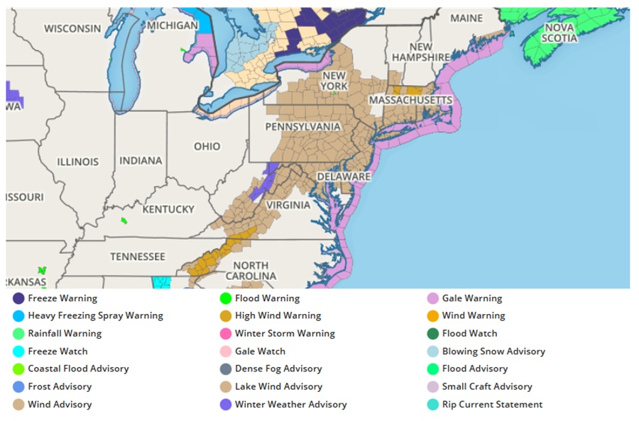 High Wind Warnings and Wind Advisories are in effect for a large portion of the eastern U.S. today.  Image: weatherboy.com