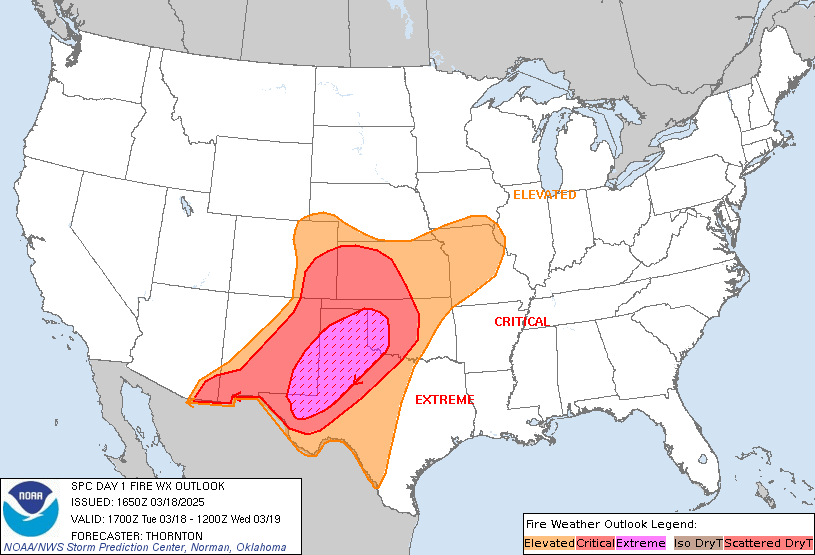 Fire Weather Risk through early Wednesday; these threats will spread east over the coming days. Image: NWS SPC