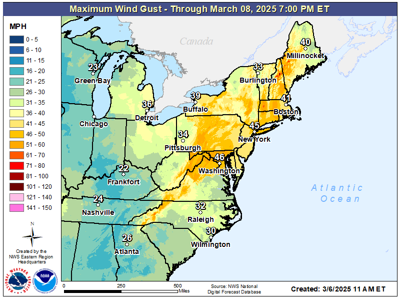 Strong winds with gusts over 40 mph are likely across a broad area of the northeast today. Image: NWS