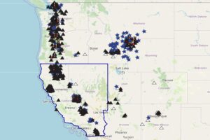 Each triangle marks a volcano that is being observed while stars show where observation equipment is kept to monitor and detect volcanic or earthquake activity. Image: USGS