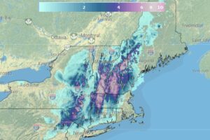 Snow could exceed 6" in parts of the higher elevations of New England this weekend. Image: NWS