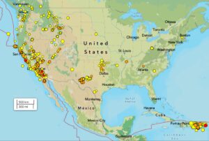 Each dot on this map reflects the epicenter of an earthquake over the last 7 days, with yellow dots indicating the oldest earthquakes and red the newest. Image: USGS