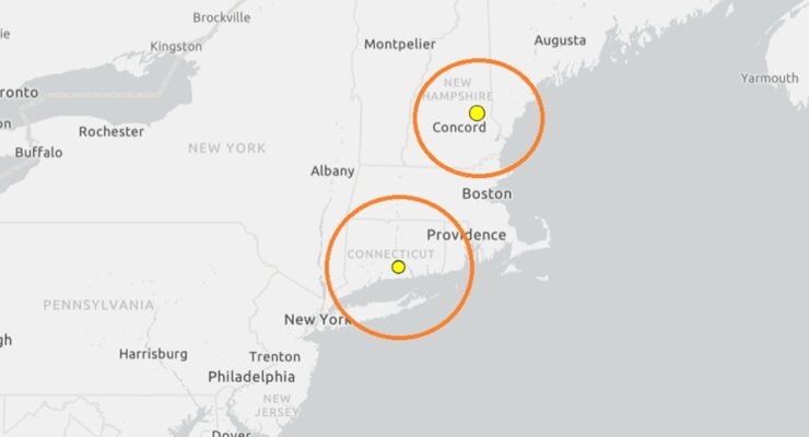 Over the last week, 2 earthquakes rattled southern New England. With epicenters depicted by the yellow dot inside the orange circle, they struck Connecticut and New Hampshire. Image: USGS