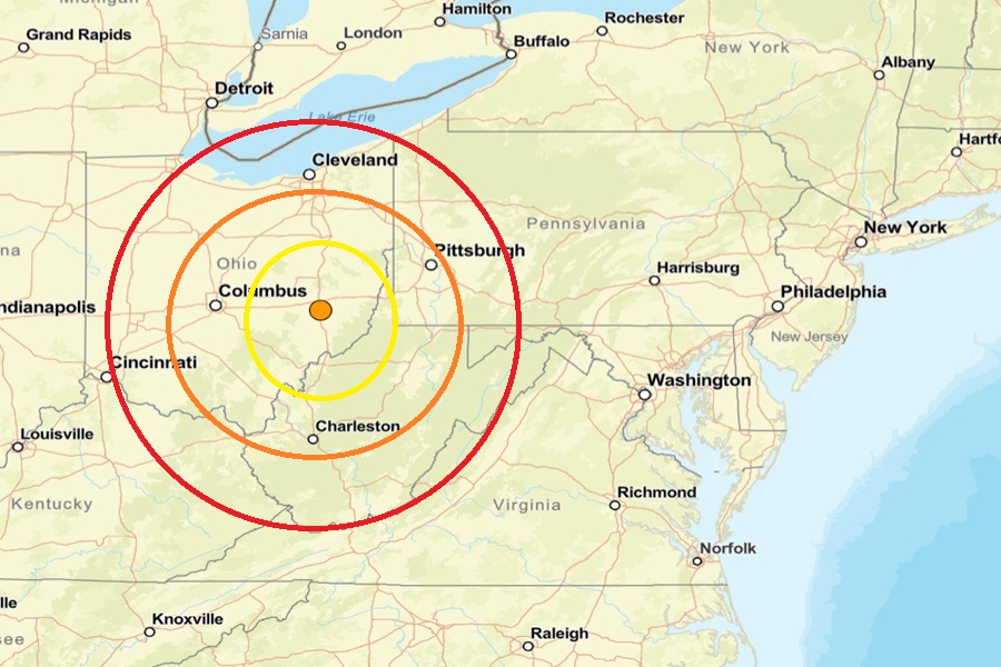 The epicenter of today's earthquake is at the orange dot inside the colored concentric circles. Image: USGS