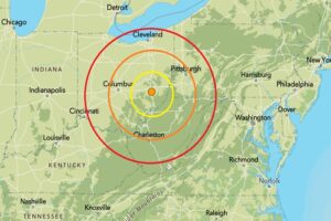 The earthquake struck at the orange dot inside the colored concentric circles on this map. Image: USGS