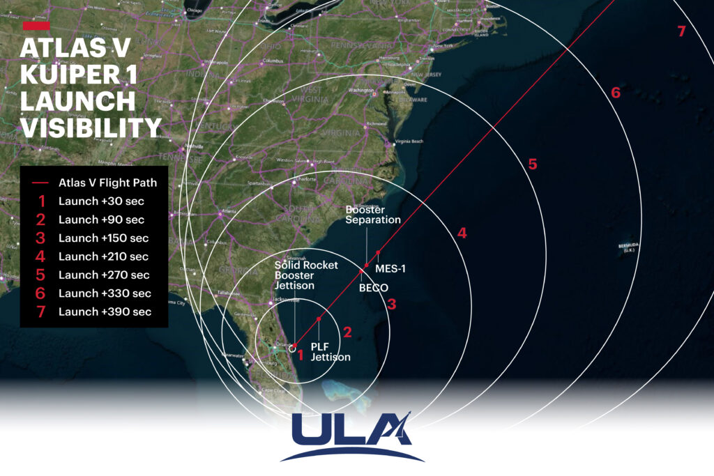 The launched rocket could be visible in the eastern sky for people in the Eastern United States; the circles represent how many seconds after launch the rocket could be visible in the sky. Image: ULA