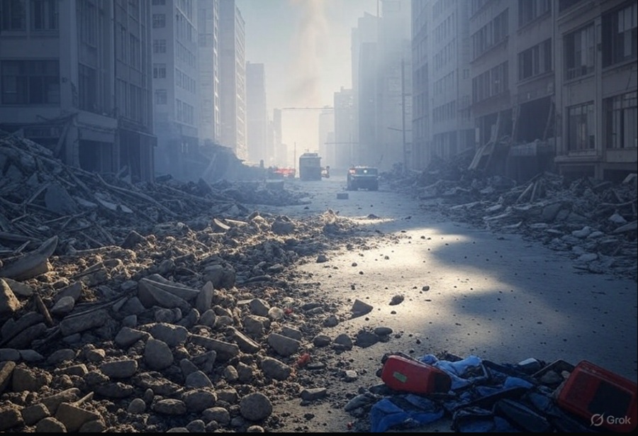 An inevitable major earthquake in the New Madrid Seismic Zone could crumble buildings across a large part of the U.S., as this AI image depicts. Image: Grok