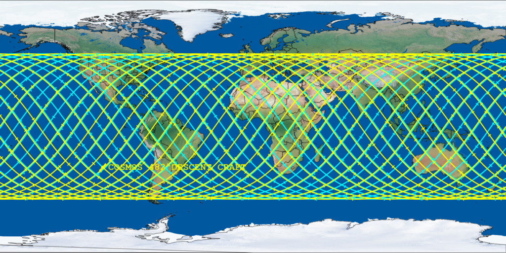 The out of control spacecraft could crash anywhere under one of the lines on this map. The Yellow Icon represents the location of object at midpoint of reentry window; the blue line indicates the ground track uncertainty prior to middle of the reentry window, while the ticks are displayed at 5-minute intervals. Possible reentry locations lie anywhere along the blue and yellow ground track.  Areas not under the line are not exposed to the debris.  Image: Aerospace Corporation