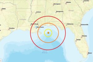 The epicenter of the earthquake is at the orange dot over the Gulf of America and is surrounded by colored, concentric circles. Image: USGS