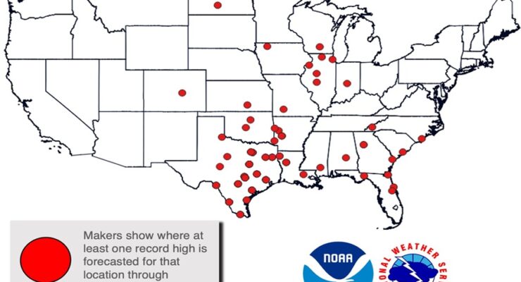 The National Weather Service expects high temperature records to fall at the reporting stations near the red dots on the map in the coming days. Image: NWS