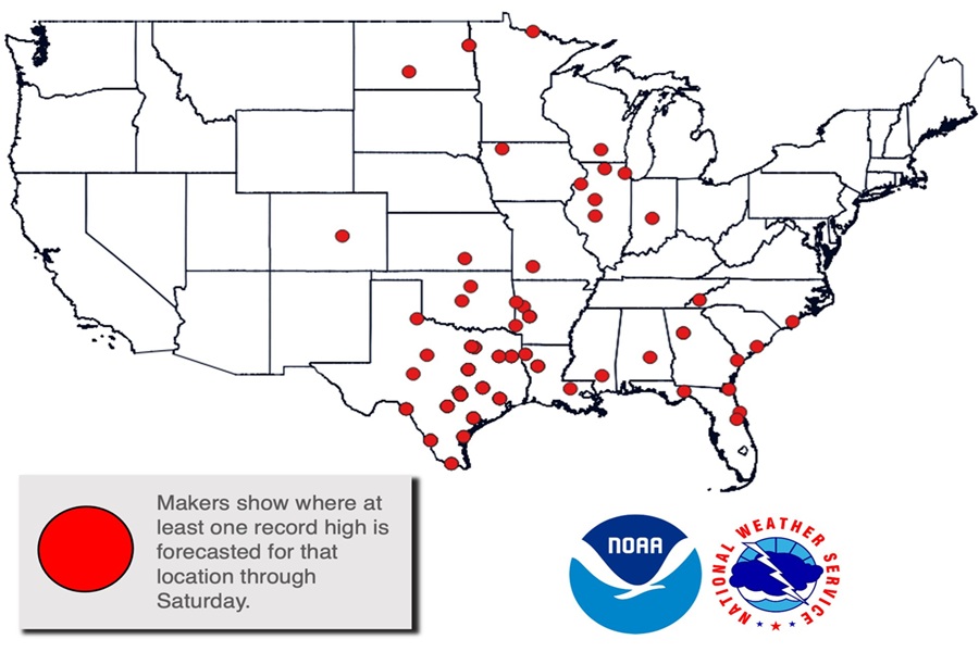 The National Weather Service expects high temperature records to fall at the reporting stations near the red dots on the map in the coming days. Image: NWS