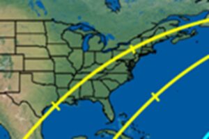 The out of control spacecraft could crash anywhere under one of the lines on this map. The Yellow Icon represents the location of object at midpoint of reentry window; the blue line indicates the ground track uncertainty prior to middle of the reentry window, while the ticks are displayed at 5-minute intervals. Possible reentry locations lie anywhere along the blue and yellow ground track. Areas not under the line are not exposed to the debris. Image: Aerospace Corporation