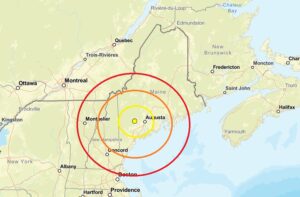 The earthquake epicenter is at the dot inside the concentric colored circles on this map. Image: USGS