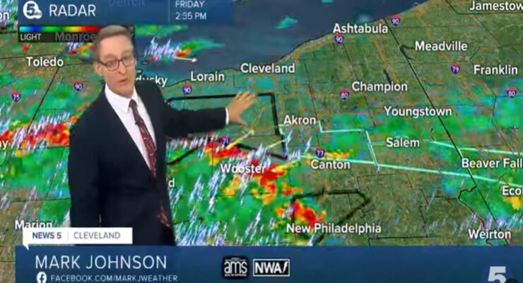Mark Johnson appears during a newscast describing severe thunderstorms moving through portions of Ohio in this file photograph. Image: WEWS-TV