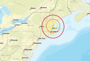 Today's earthquake struck at the orange dot inside the colored concentric circles on this map. Image: USGS