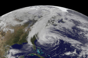 This is the satellite view of the East Coast from October 28, 2012 with Hurricane Sandy spinning about in the Atlantic ahead of its landfall on the Mid Atlantic. Image: NOAA