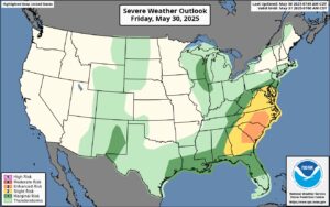 Severe weather is likely across portions of the eastern U.S. today. Image: NWS