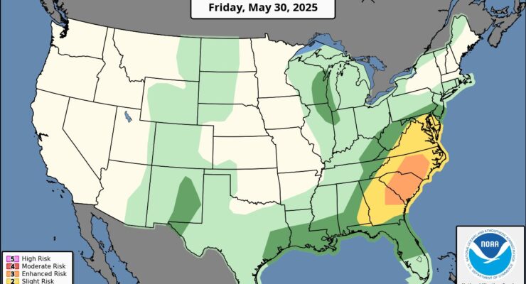 Severe weather is likely across portions of the eastern U.S. today. Image: NWS