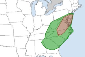 Within the entire U.S., the areas shaded in green and brown have the highest risk of tornadic thunderstorms today. The brown area is more than twice as likely to see tornadic thunderstorms as the green area. Image: NWS SPC