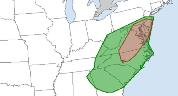 Within the entire U.S., the areas shaded in green and brown have the highest risk of tornadic thunderstorms today. The brown area is more than twice as likely to see tornadic thunderstorms as the green area. Image: NWS SPC