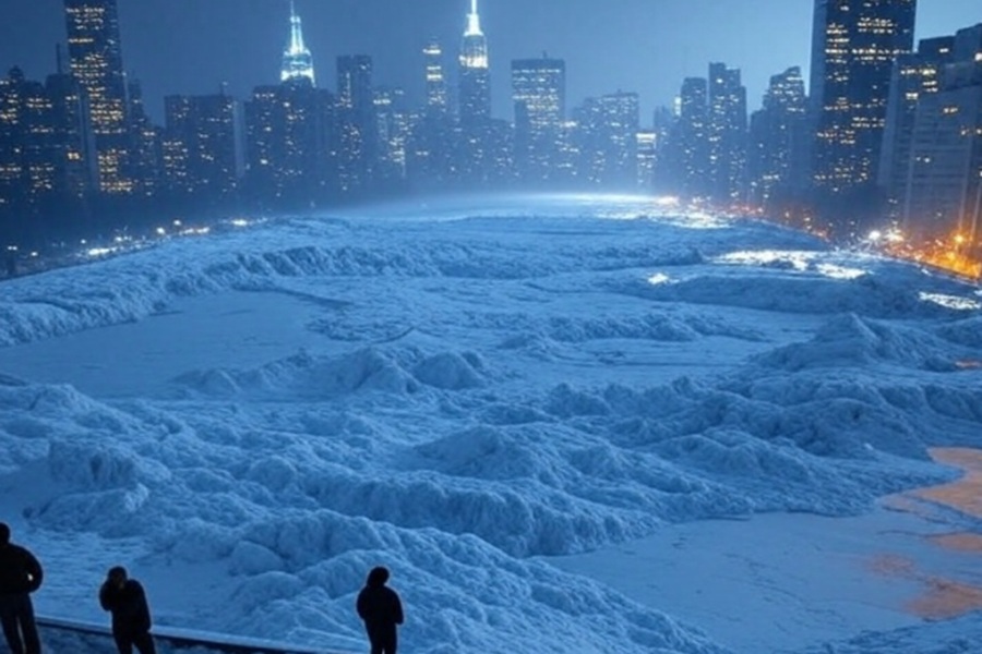 A new Ice Age could mean glaciers would return to places like New York City, as this AI simulated view suggests. Image: Grok