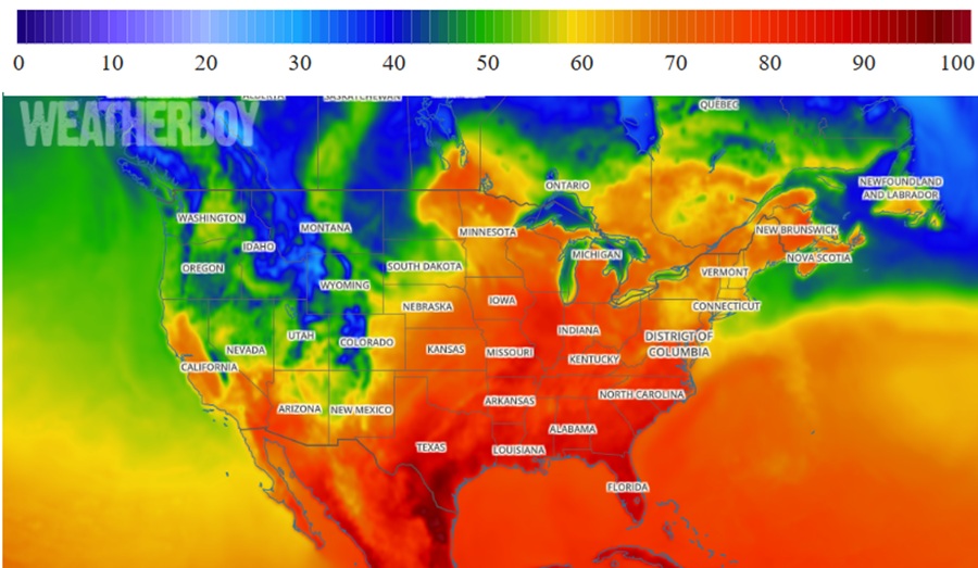 Temperatures in the 90s and 100s are expected in the coming days across a large part of the country. Image: weatherboy.com