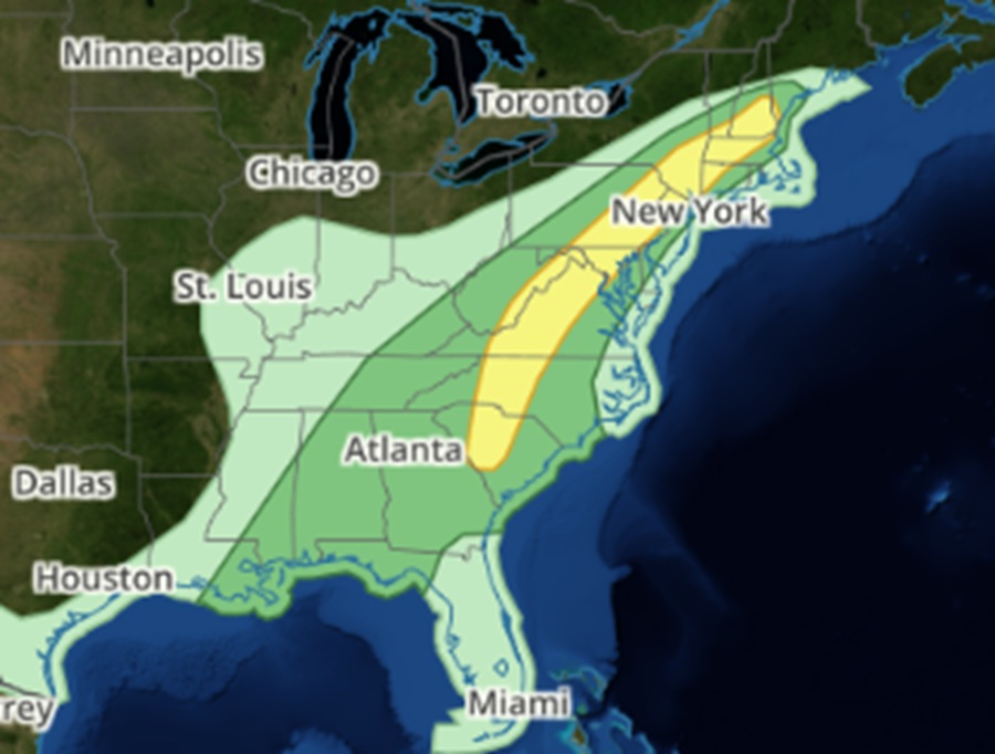Thunderstorms are possible in any shaded area on this map. However, there's an elevated risk of severe thunderstorms in the dark green area and an even higher threat level within the yellow zone. Tornadic thunderstorms are possible within portions of the yellow zone. Image: weatherboy.com