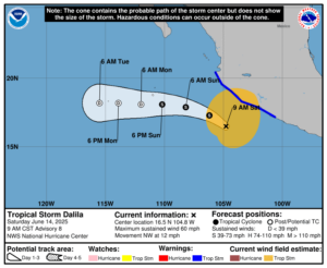 Tropical Storm Dalila is forecast to weaken and move away from the coast in the coming days. Image: NHC