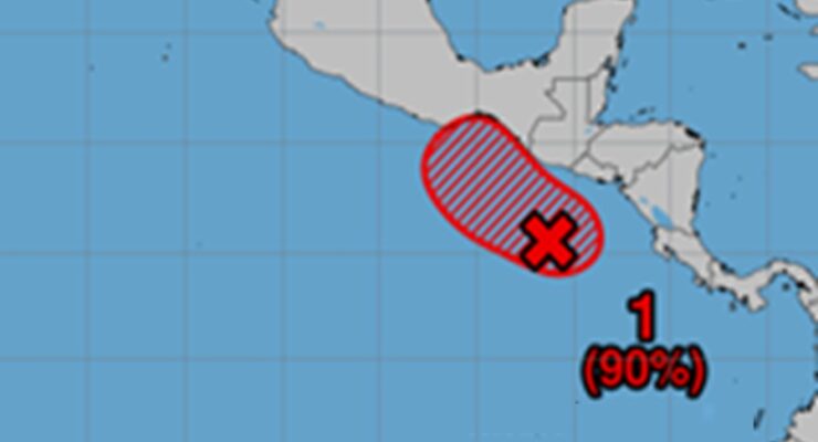 The National Hurricane Center says there's a 90% chance that a tropical cyclone will develop in the red area within the next 48 hours. Image: NHC