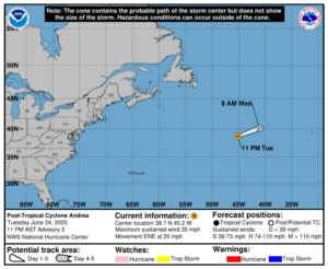 Andrea formed yesterday but has since faded away over the North Atlantic. Image: NHC
