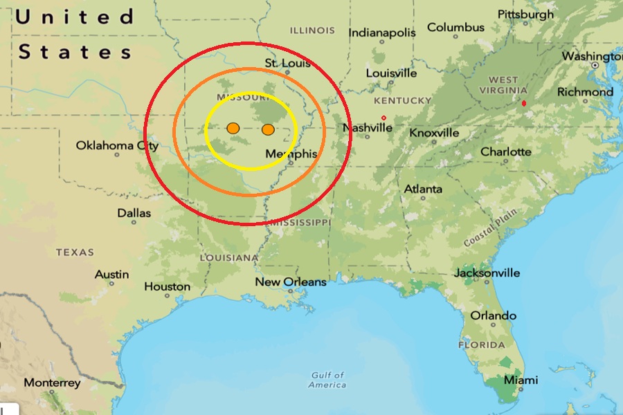 The two epicenters are at the orange dots inside the colored concentric circles. Image: USGS